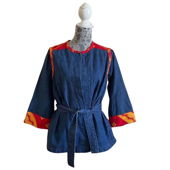 VINTAGE Crossroads MS Mola Embroidered Tie Front Denim Jacket Size Medium - Picture 2 of 6